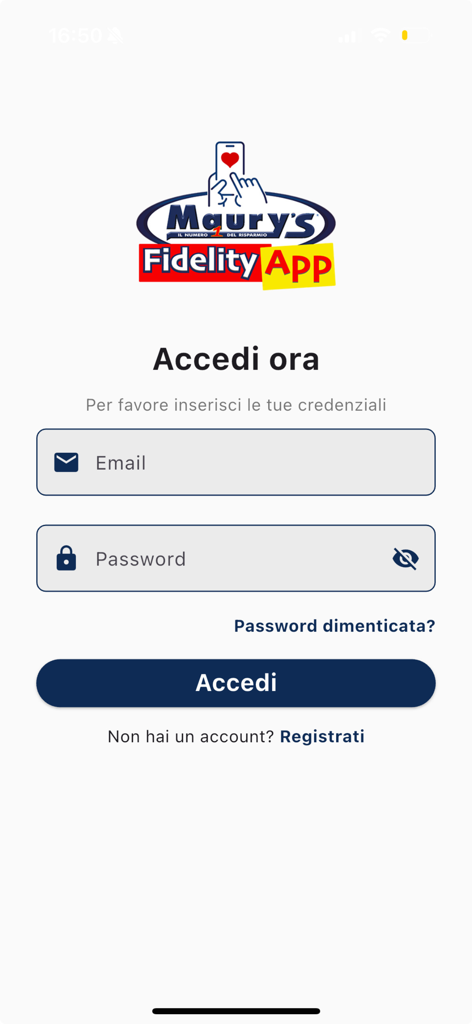 Maury's Fidelity - Login screen of the Maurys Fidelity app with fields for email and password