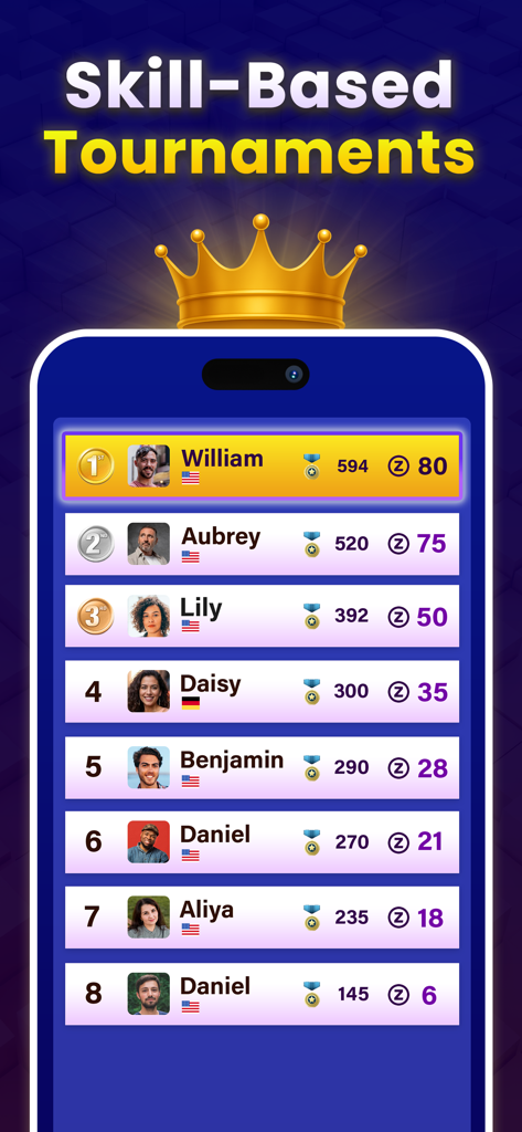 Block Puzzle Cash - Win Money - A leaderboard displaying top players in skill-based tournaments for Block Puzzle Cash.