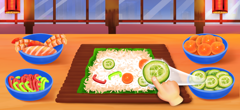 Sushi Maker—Kids Cooking Games - A child's hand assembling a sushi roll with cucumber and rice in a kids cooking game.