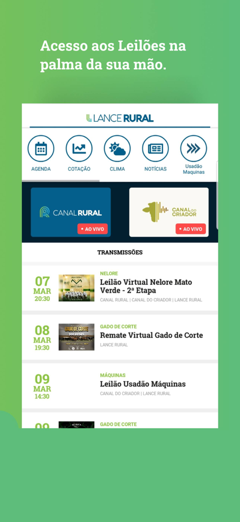 Lance Rural - Lance Rural app home screen showing live auction schedules and agribusiness news