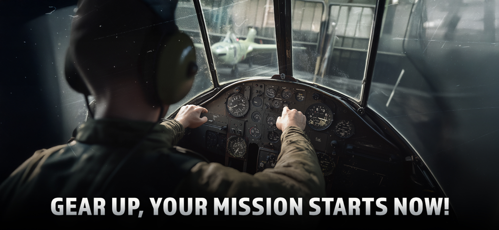 Wings of Heroes: WW2 Planes - Perspectiva en primera persona desde el interior de la cabina de un avión de la Segunda Guerra Mundial con un piloto a los mandos y el texto Prepara tu misión comienza ahora.
