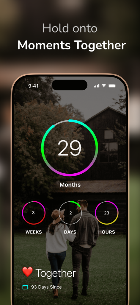 DayCount - Interfaz de la aplicación DayCount que muestra una cuenta regresiva del tiempo que una pareja ha pasado junta.