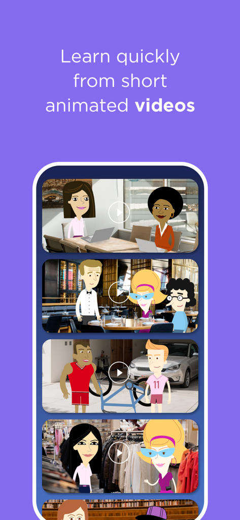 Una pantalla de móvil que muestra la interfaz de la aplicación Mooveez con varias lecciones de video animadas para aprender idiomas.