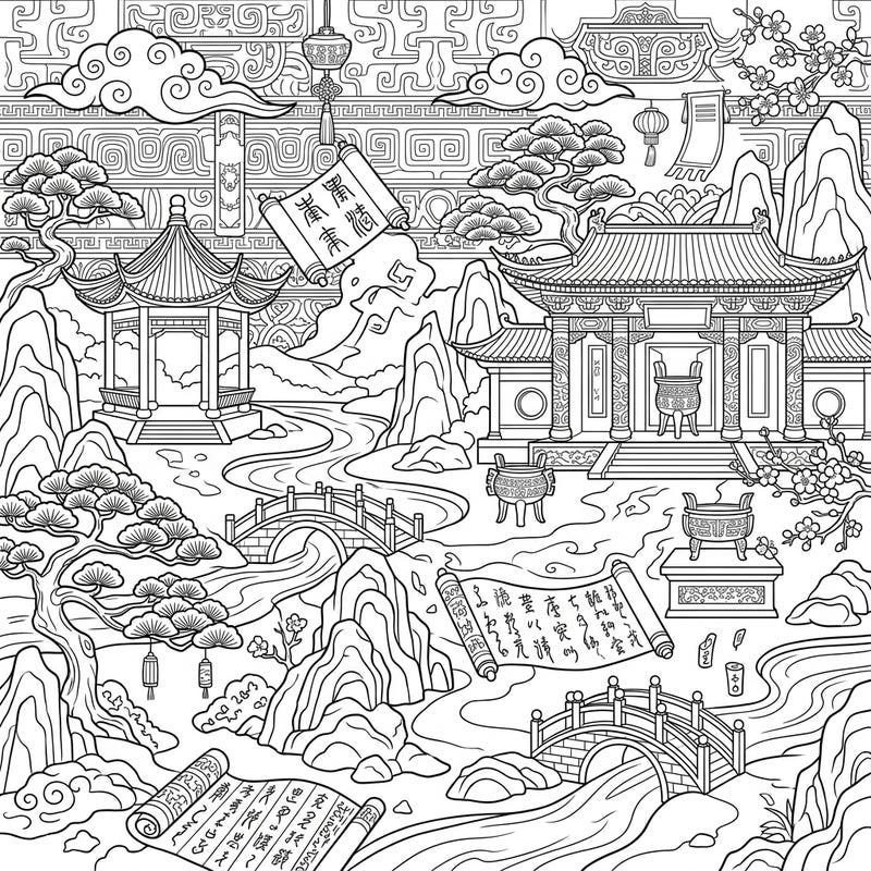Immerse yourself in the rich history of the Zhou Dynasty with this stunning coloring page. Discover a detailed Chinese landscape featuring ancient architecture, serene rivers, and philosophical symbols awaiting your creative touch.