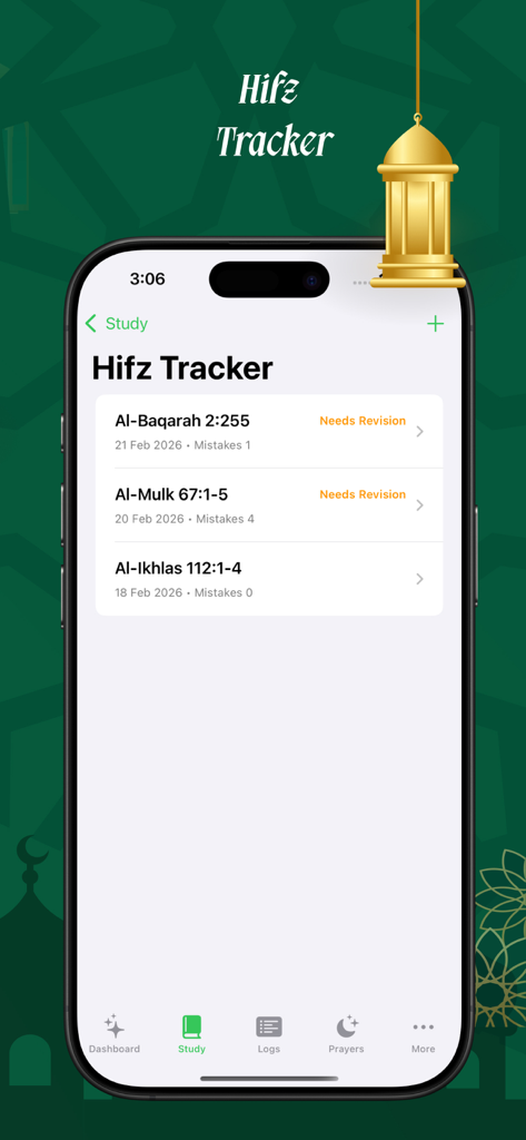 Quran memorization tracker interface showing progress and revision needs for different surahs.