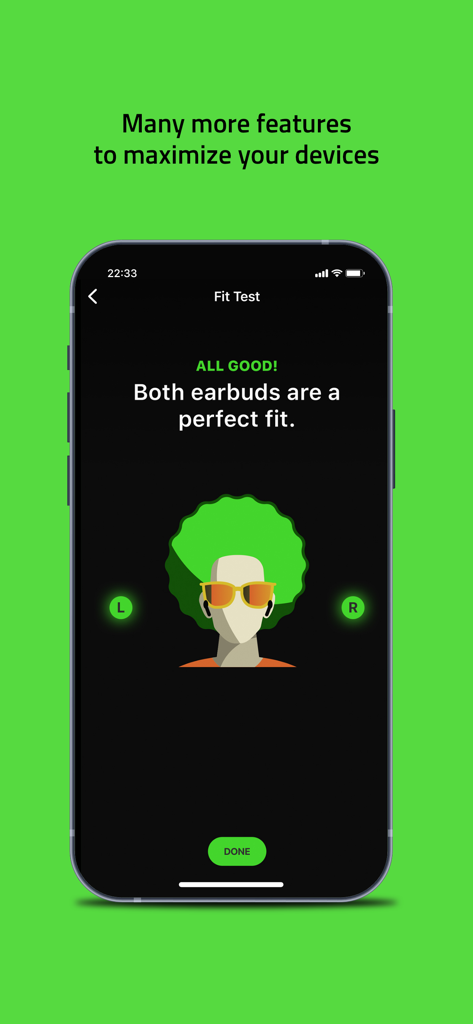 Razer Audio app screen showing a successful earbud fit test with the message Both earbuds are a perfect fit