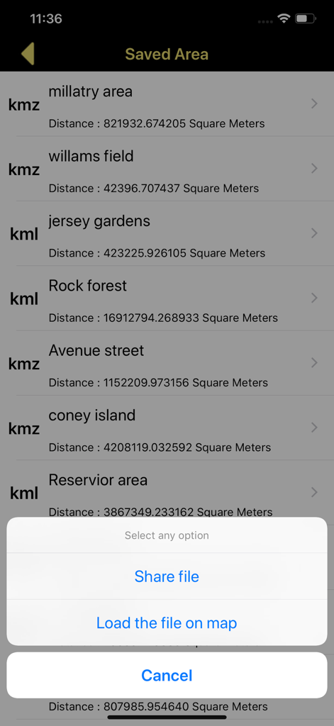 Distance & Area Measure On Map - List of saved map area measurements with options to share or load KML and KMZ files