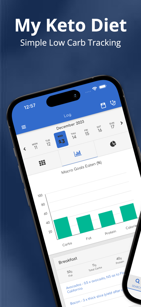 My Keto Low Carb Macro Tracker - My Keto Diet mobile app interface showing a macro goals chart and breakfast food logging with carb and protein counts