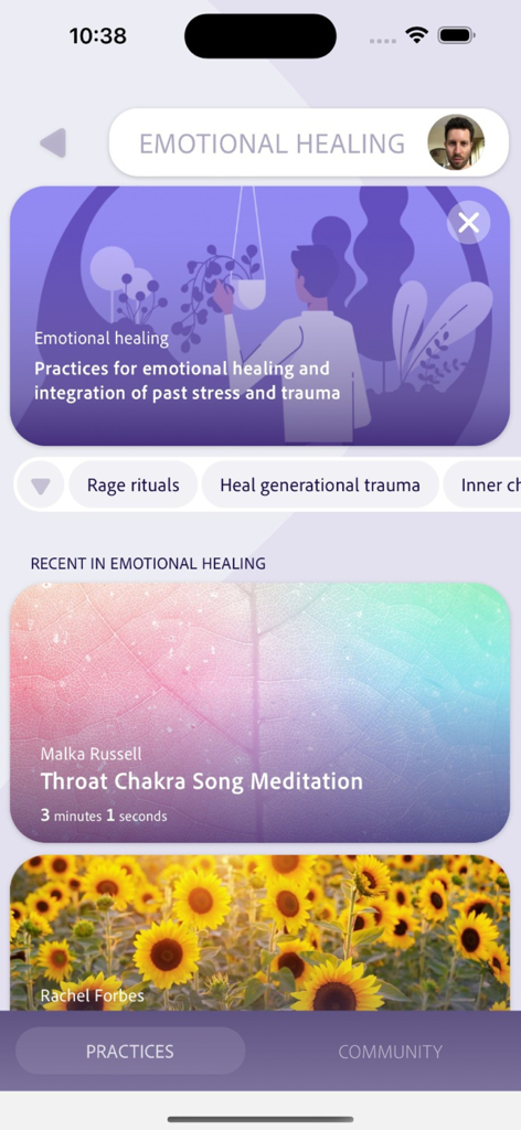 SomaShare - Deep Healing - SomaShare app screen showing emotional healing practices and meditation sessions for nervous system regulation