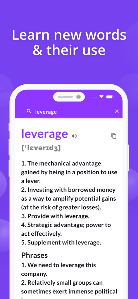 Proofreader: AI Grammar Check - Proofreader app interface displaying a dictionary definition and example phrases for vocabulary building