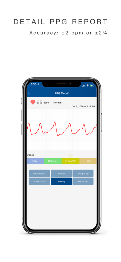 Heart Rate Monitor-Plus1Health - Mobile app screen showing a detailed PPG report with a pulse waveform graph and stress level indicator