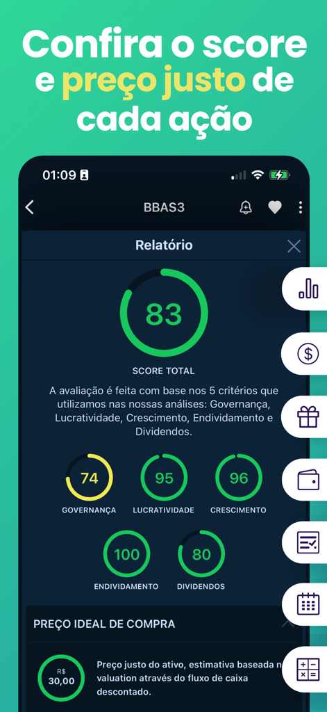 Pantalla de informe de análisis de acciones mostrando puntuaciones financieras y precio justo para BBAS3