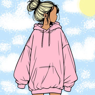 realistic girl with a oversized sweatshirt on and a bun