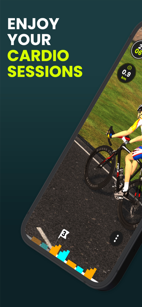 Smartphone displaying the CycleGo app with a virtual cycling session and the text Enjoy Your Cardio Sessions