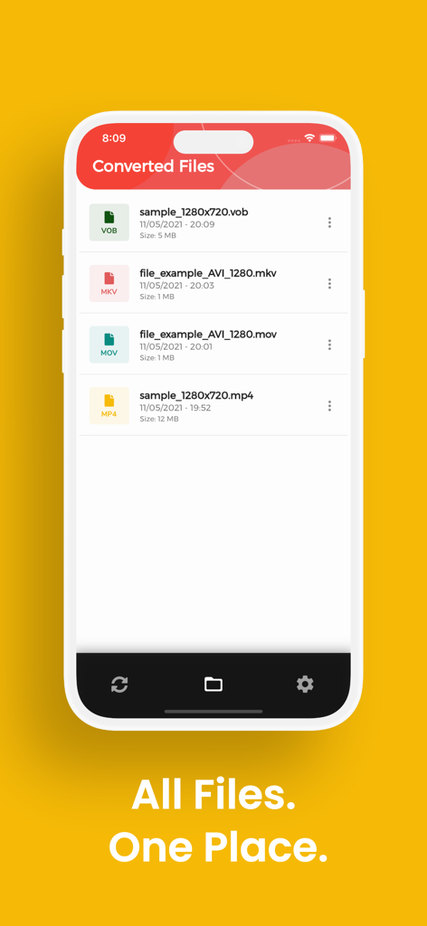 Una captura de pantalla de la aplicación MP4 Converter mostrando una lista de archivos de vídeo convertidos en varios formatos como MKV y MOV.