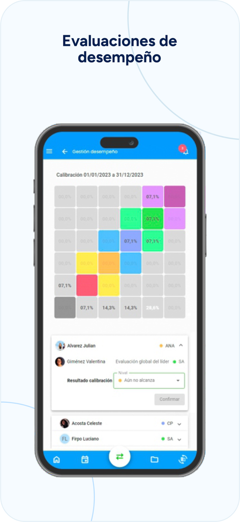 Naaloo - Naaloo app mobile interface showing performance evaluation grid and employee list
