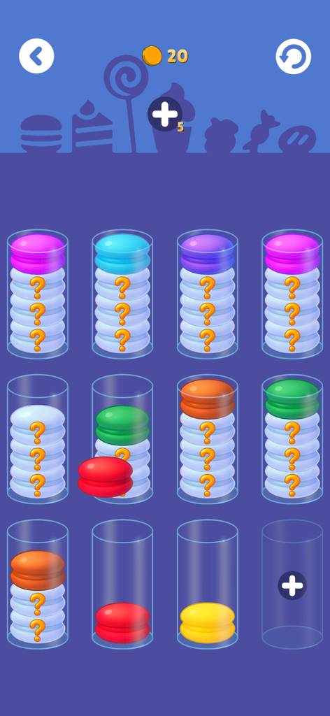 Una interfaz casual de juego de puzzle de clasificación de macarons con dulces coloridos en tubos de vidrio.