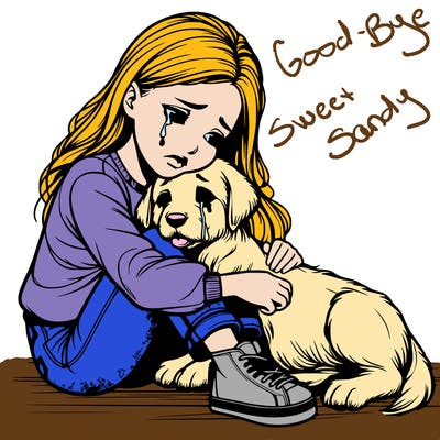 realistic girl crying with a realistic dog laying on her lap