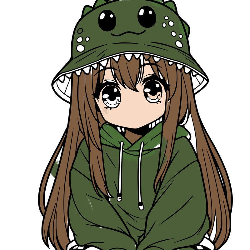 girl with anime shaped eyes with a dinosaur bucket hat oversized sweatshirt long straight hair