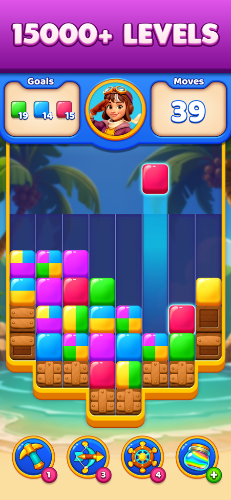 What the Jelly? - Interfaz de niveles de puzle del juego móvil What the Jelly con coloridos bloques y fondo de playa