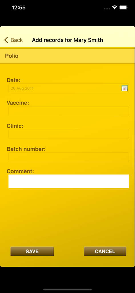 Screen for adding a polio vaccine record including fields for date clinic and batch number