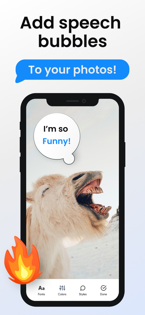 Speech Bubble: Photo Captions - A smartphone displaying a laughing llama with a speech bubble caption saying I am so funny