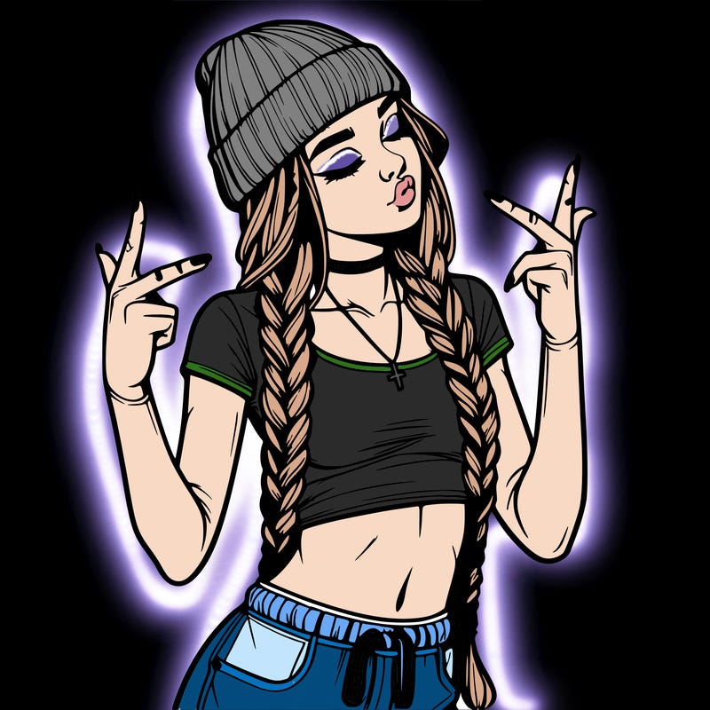 realistic teenage girl with braids and a beanie and crop top doing 🫶🏼