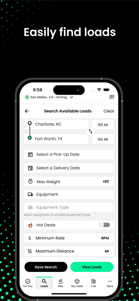 RXO Drive: Free Load Board - The RXO Drive mobile app interface for searching available freight loads with filters for location, equipment type, and rates.