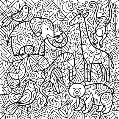 Unleash your child's imagination with this delightful coloring page featuring abstract animal forms. Perfect for kids aged 4-8, it offers a creative journey through a playful jungle scene.