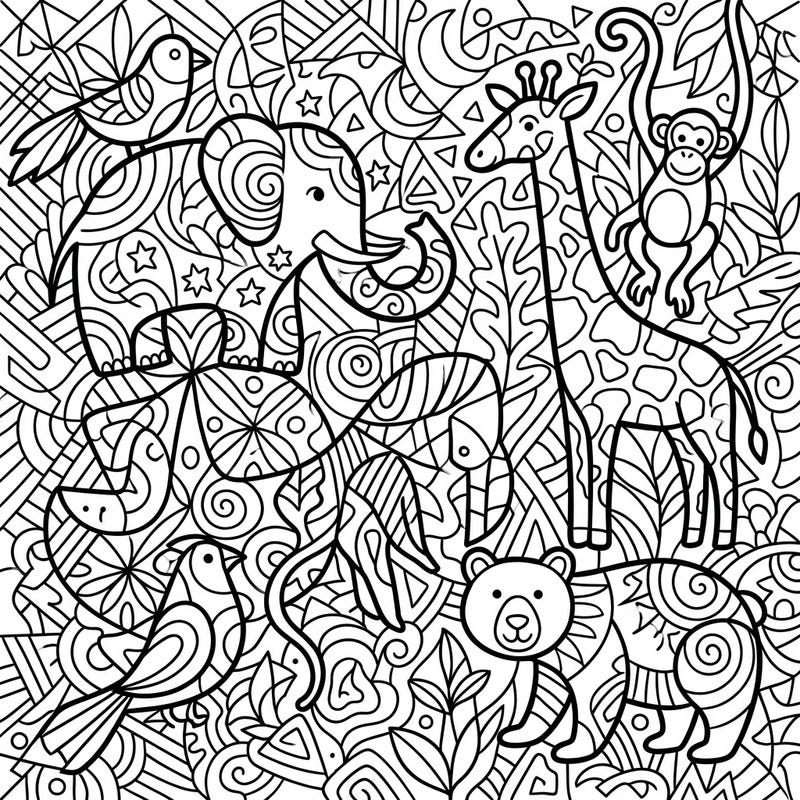 Unleash your child's imagination with this delightful coloring page featuring abstract animal forms. Perfect for kids aged 4-8, it offers a creative journey through a playful jungle scene.