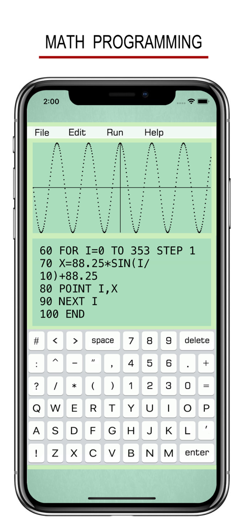 BASIC - Programming Language - 数学コードと正弦波グラフを表示するBASICプログラミングアプリのインターフェース