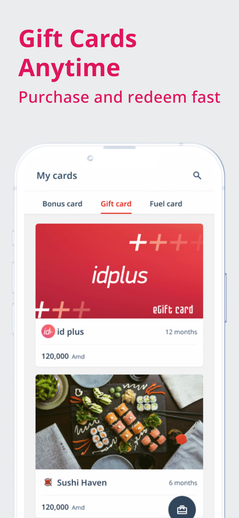 id plus loyalty system - Interface do aplicativo do sistema de fidelidade id plus mostrando cartões-presente digitais e cartões de combustível