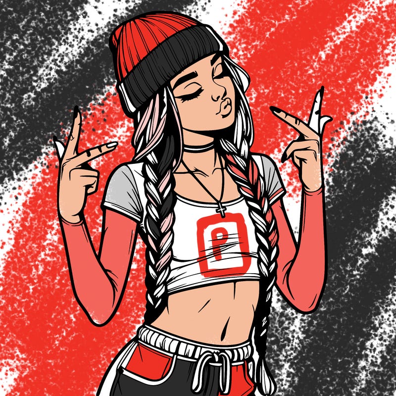 realistic teenage girl with braids and a beanie and crop top doing 🫶🏼