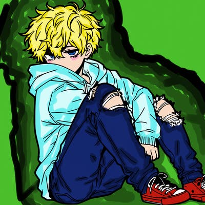 a male hoddie ripped jeans messy hair anime