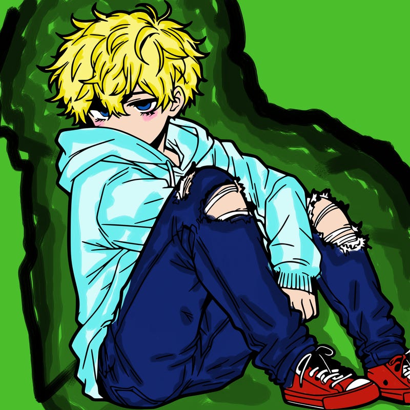 a male hoddie ripped jeans messy hair anime