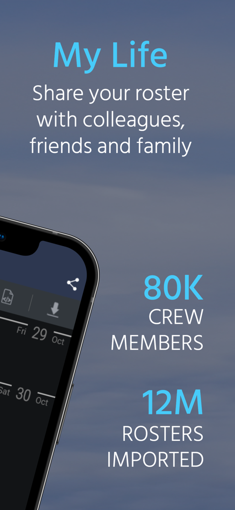 CrewLounge CONNECT App-Bildschirm, der Funktionen zum Teilen von Dienstplänen und Statistiken der Luftfahrtgemeinschaft anzeigt