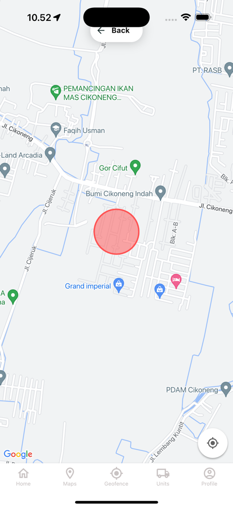 TMS Easygo - TMS Easygo app geofence screen displaying a red circular zone on a map