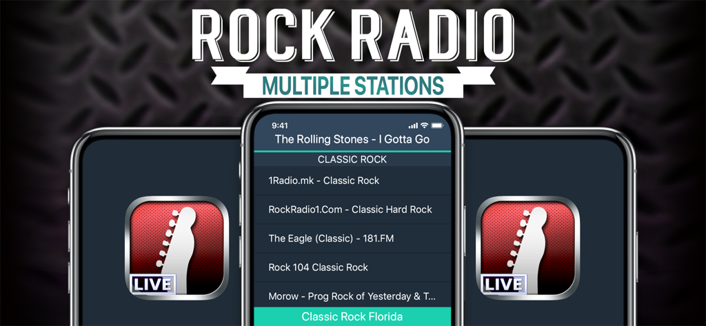 Rock Radio! - Rock Radio App auf dem iPhone, die eine Liste von Classic Rock Sendern anzeigt