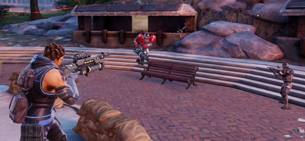 Hero Hunters - 3D Shooter wars - Third-person tactical combat in Hero Hunters showing a hero aiming at enemies in a 3D park environment.