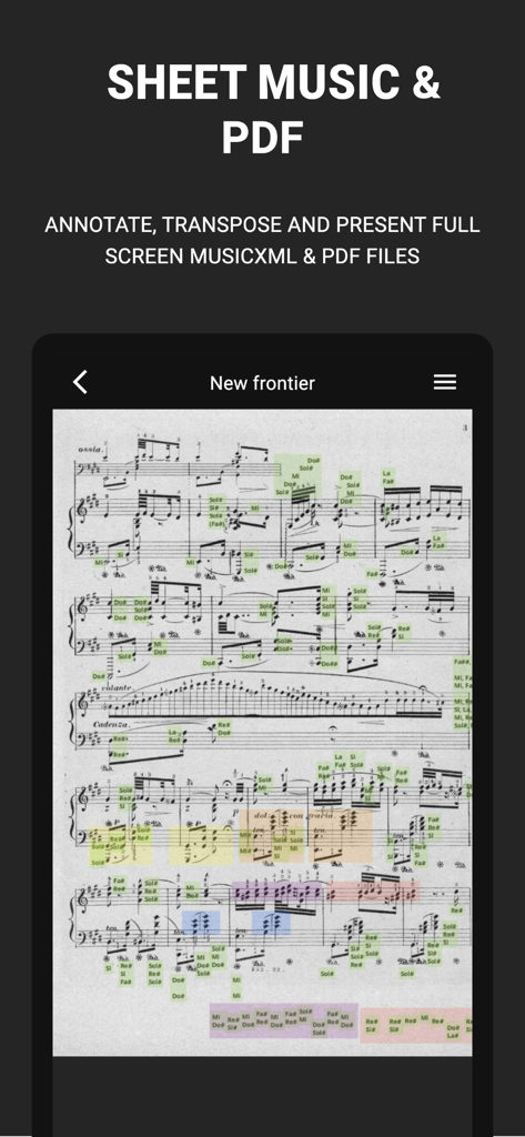 Bandfix: Songbook & Setlists - Digital sheet music with colorful annotations displayed in the Bandfix app