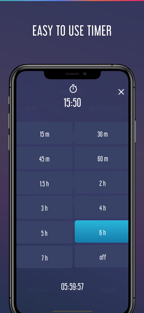 Mobile app interface showing a sleep timer with preset buttons for various durations from 15 minutes to 7 hours.