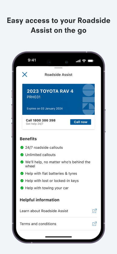 GIO App - GIO App interface displaying roadside assistance details and policy benefits for a Toyota RAV4