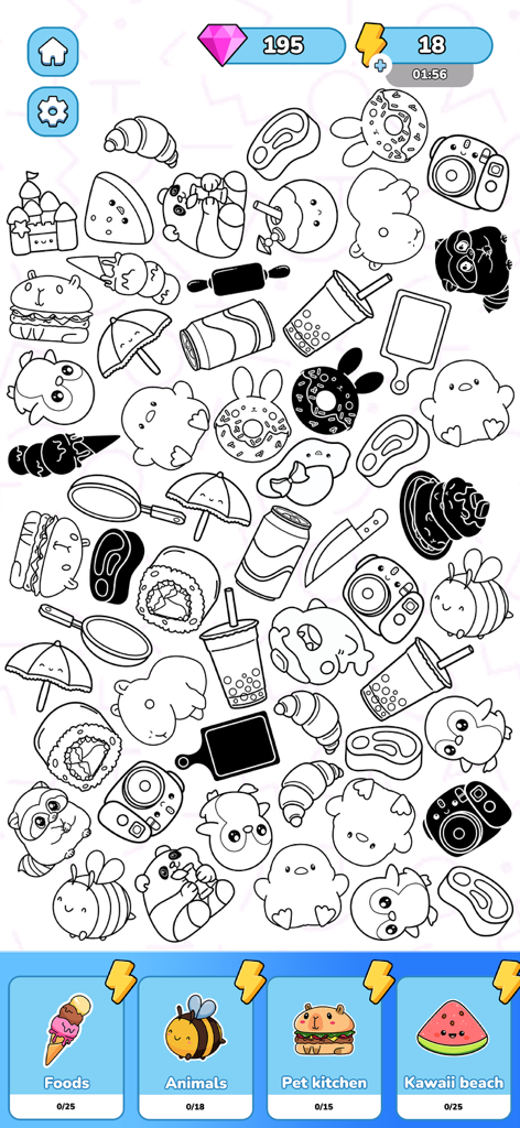 Merge Sticker Playbook 2D - Collection of uncolored kawaii sticker outlines including animals and food in the Merge Sticker Playbook 2D game interface