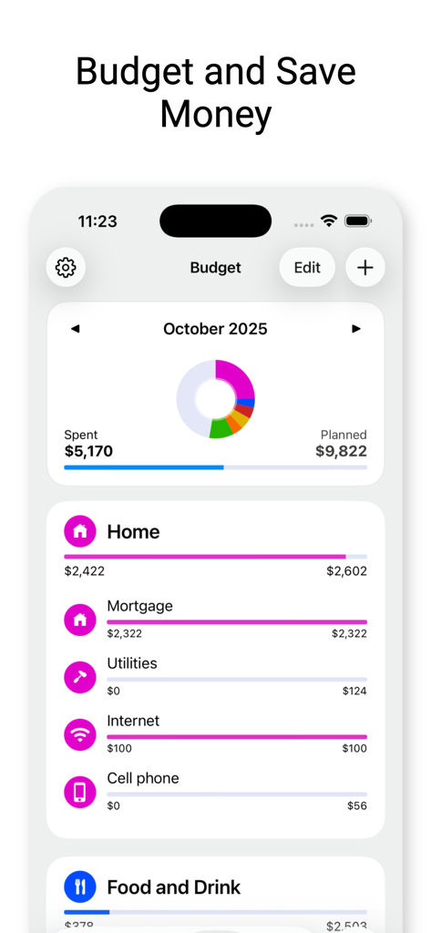 Bill Tracker Pro - Bill Tracker Pro app interface showing October 2025 budget overview with home expenses like mortgage and utilities.