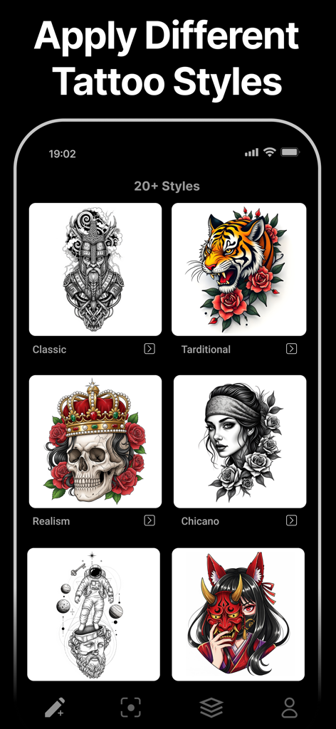 InkFusion: AI Tattoo Generator - Interface of InkFusion app displaying various AI tattoo design styles like Classic and Traditional.
