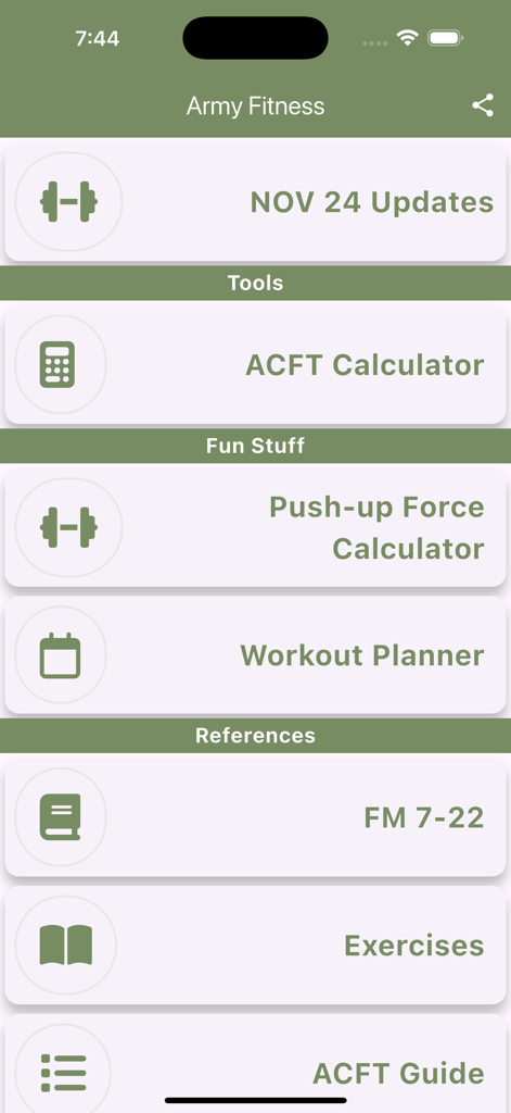 Army Fitness - Main menu of the Army Fitness app featuring an ACFT calculator and workout planner