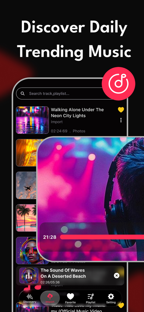 Player EQ - Music, Videos - Interface of the Player EQ app showing a list of trending music tracks and a media playback overlay