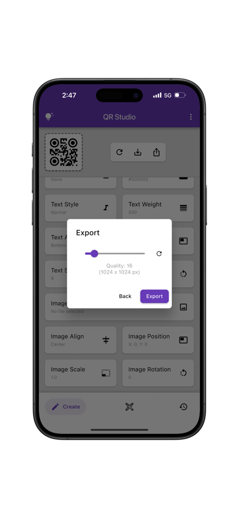Export settings modal in QR Studio Pro app showing high quality image resolution for a custom QR code.