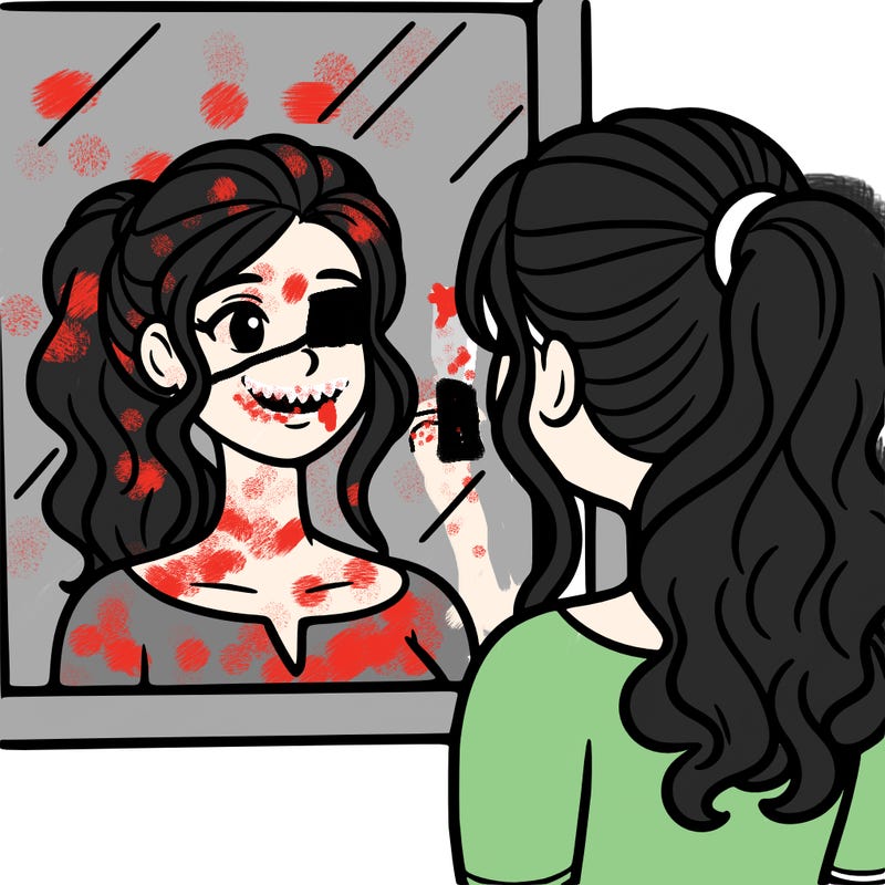 a woman looks at her reflection in the mirror