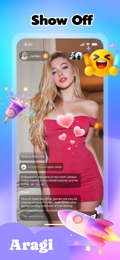 A live video stream screen on the Aragi app featuring social chat and interactive emojis